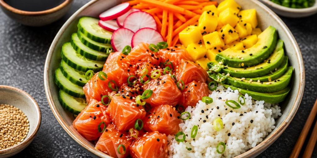 Poke hawaiano de salmón con arroz, aguacate y mango