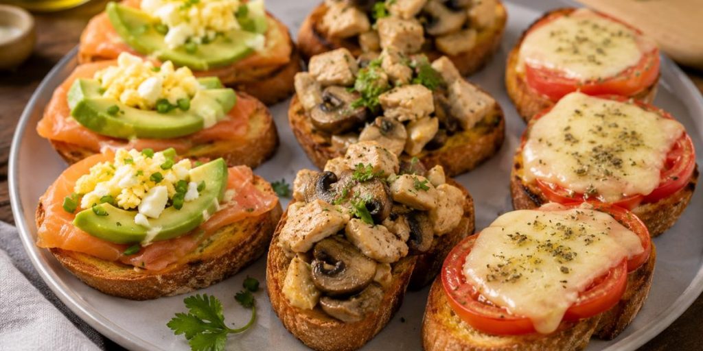 Tostas variadas con salmón, pollo y queso curado