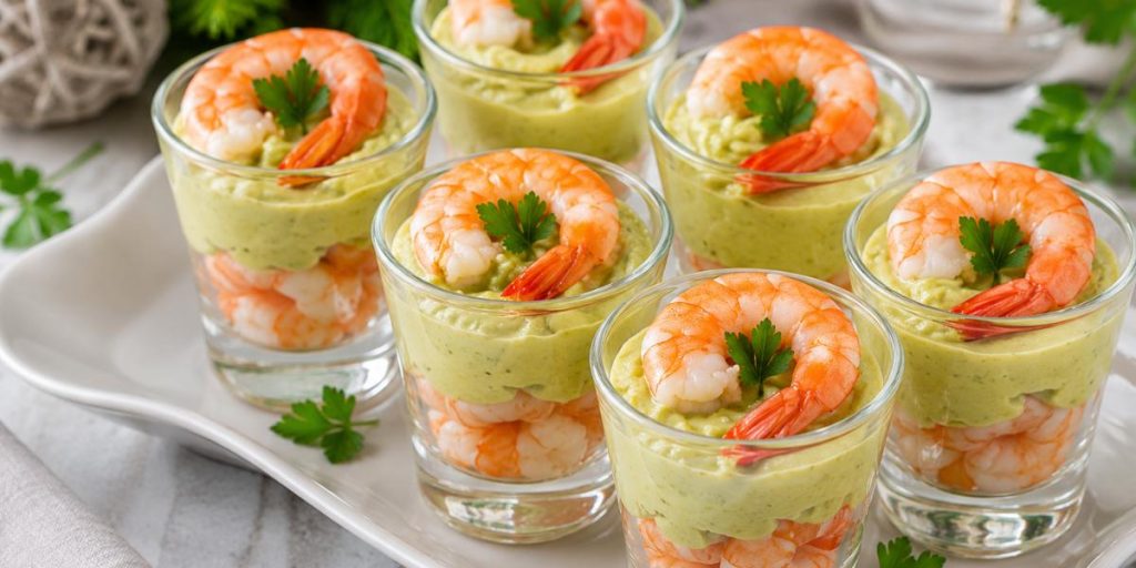 Vasitos de langostinos y crema de aguacate