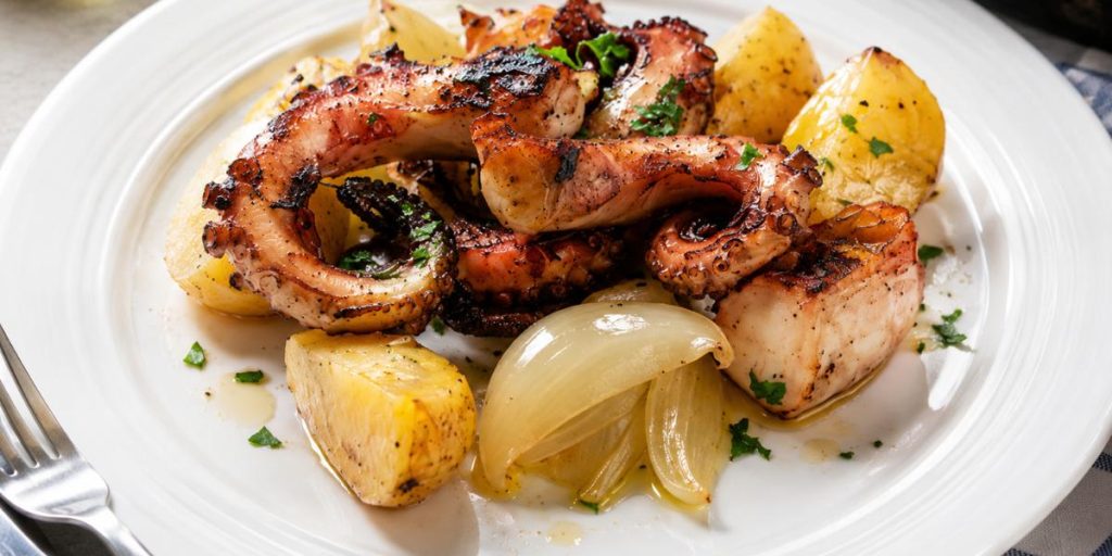 Pulpo a la brasa con patatas cocidas y cebolla