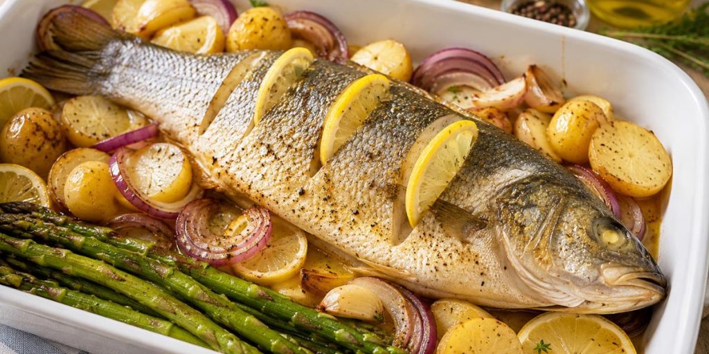Lubina al horno con limón y espárragos trigueros
