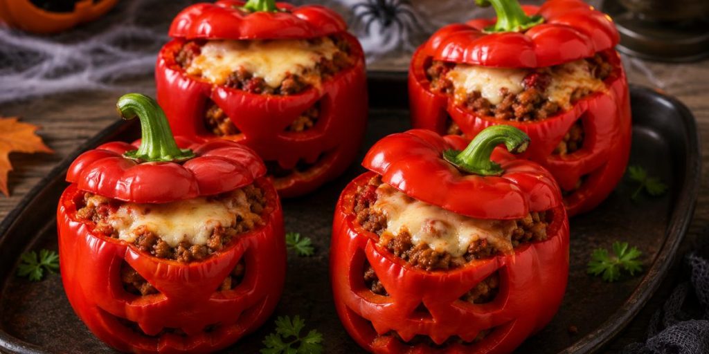 Pimientos rellenos de Halloween con forma de monstruo