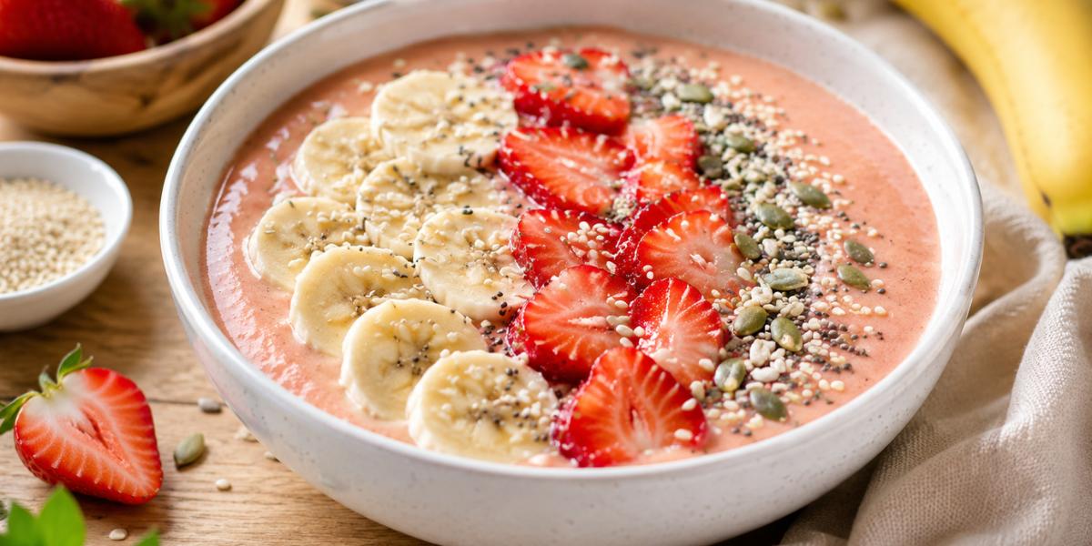 Bol vegano con plátano, fresas y semillas