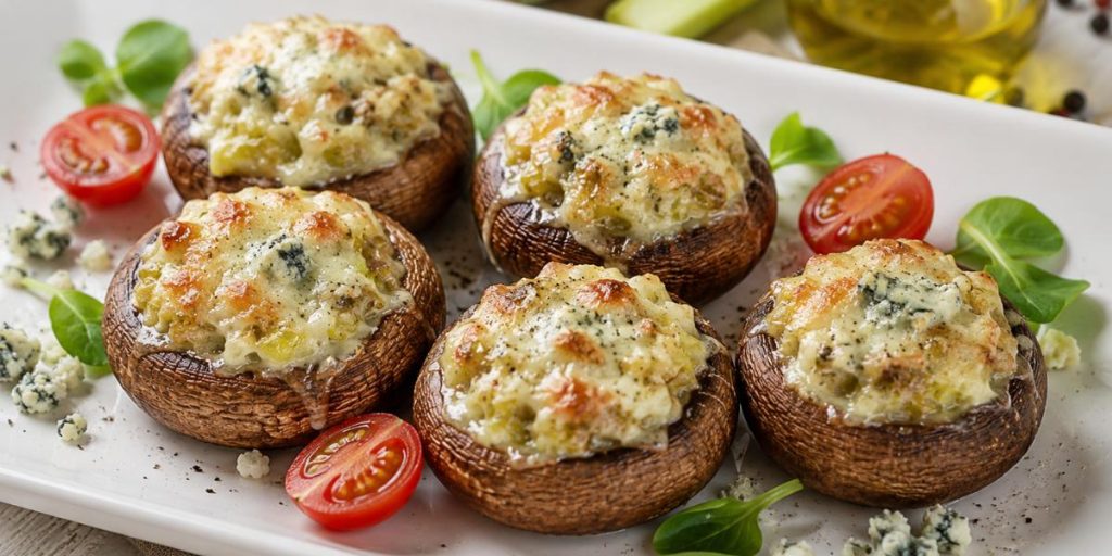 Champiñones rellenos de puerro y queso azul