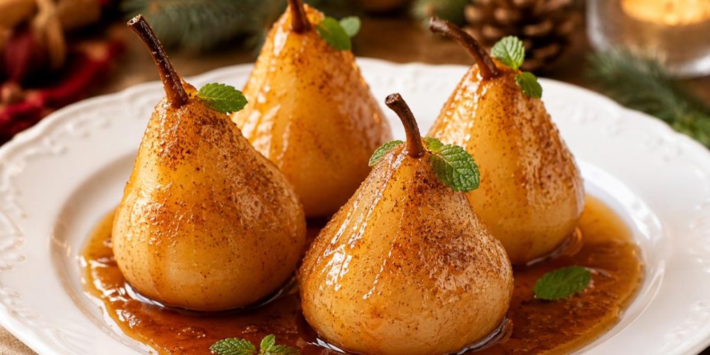 Peras al horno en almíbar con canela