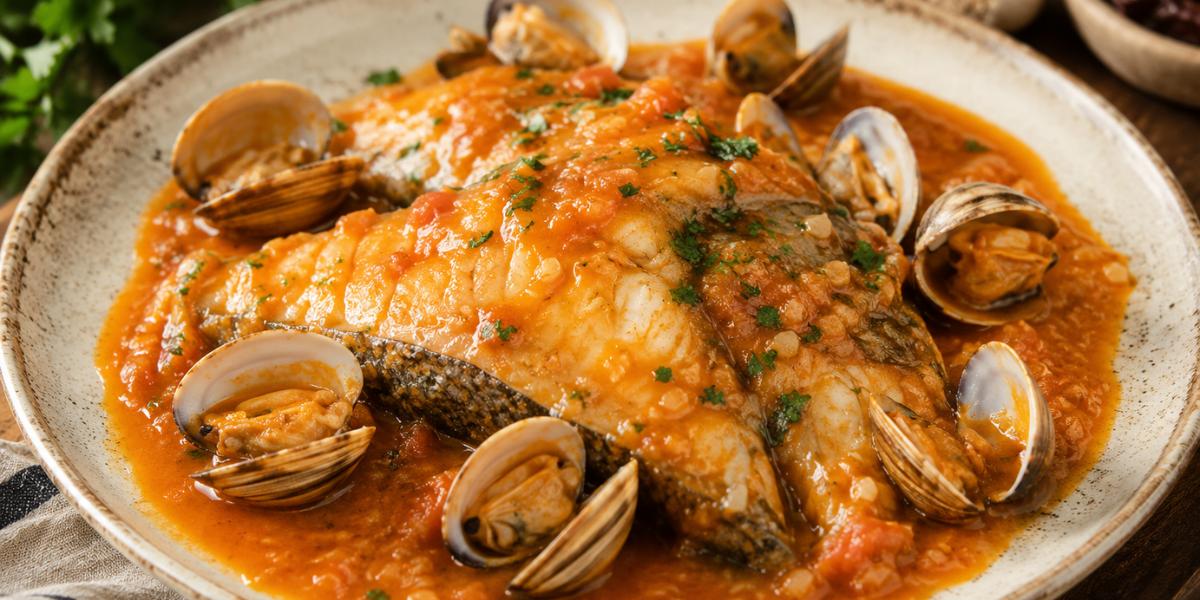 Rodaballo con almejas en salsa vizcaína