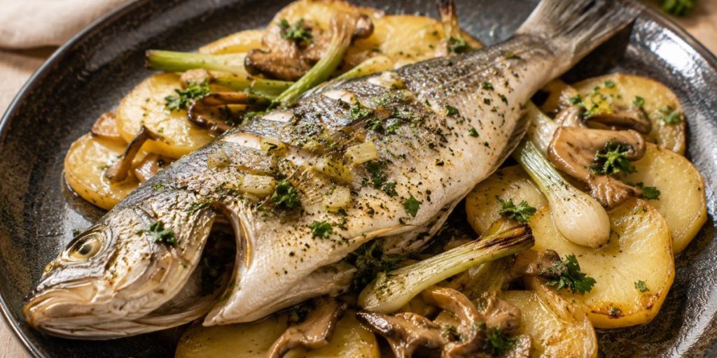 Lubina al horno con patatas y ajos tiernos