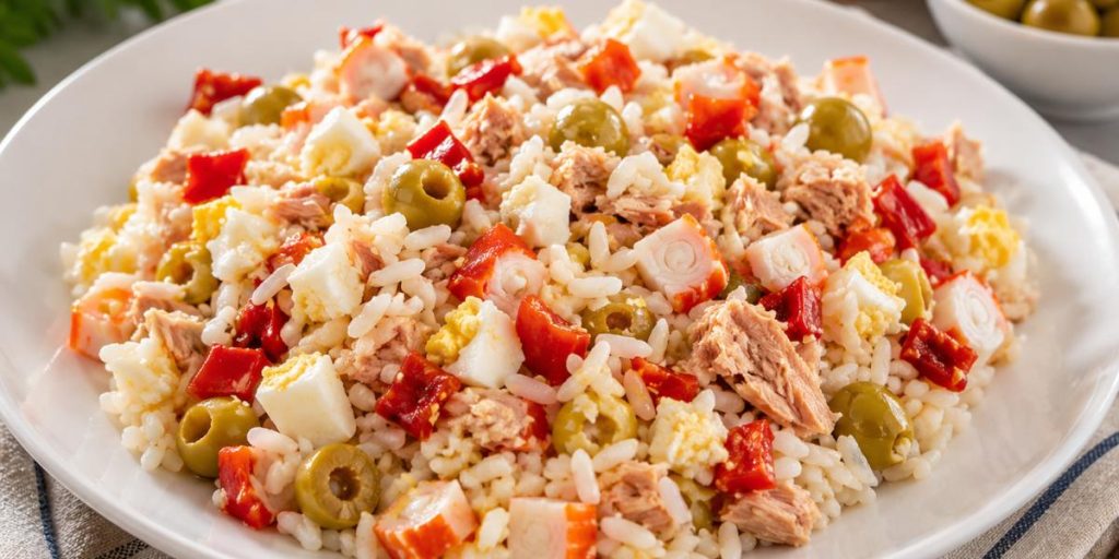 Ensalada de arroz con atún, huevo y aceitunas