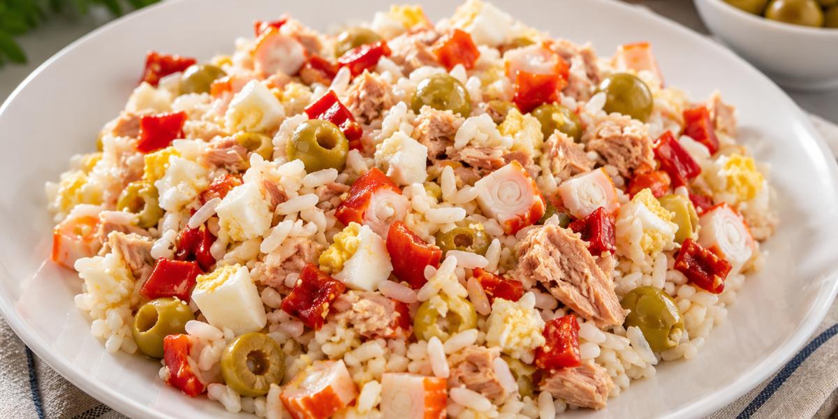 Ensalada de arroz con atún, huevo y aceitunas
