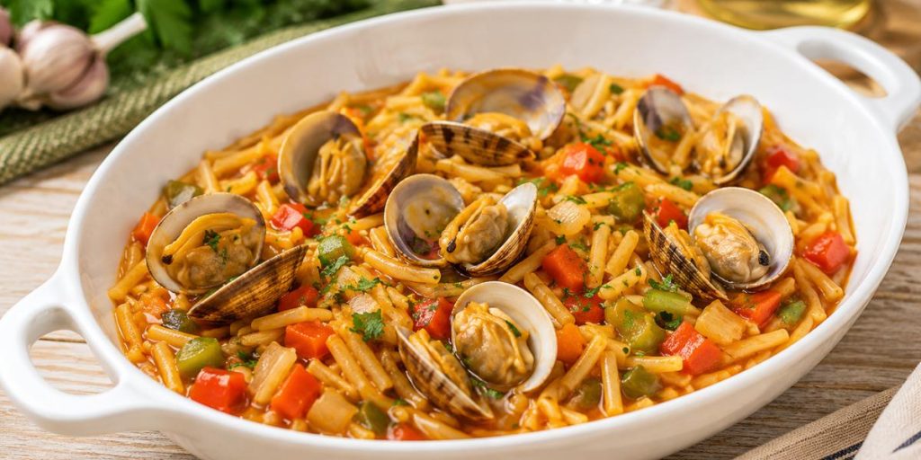 Fideos con almejas y verduras en salsa marinera