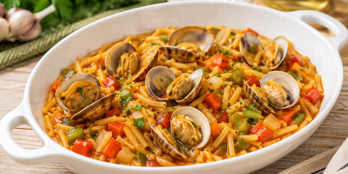 Fideos con almejas y verduras en salsa marinera