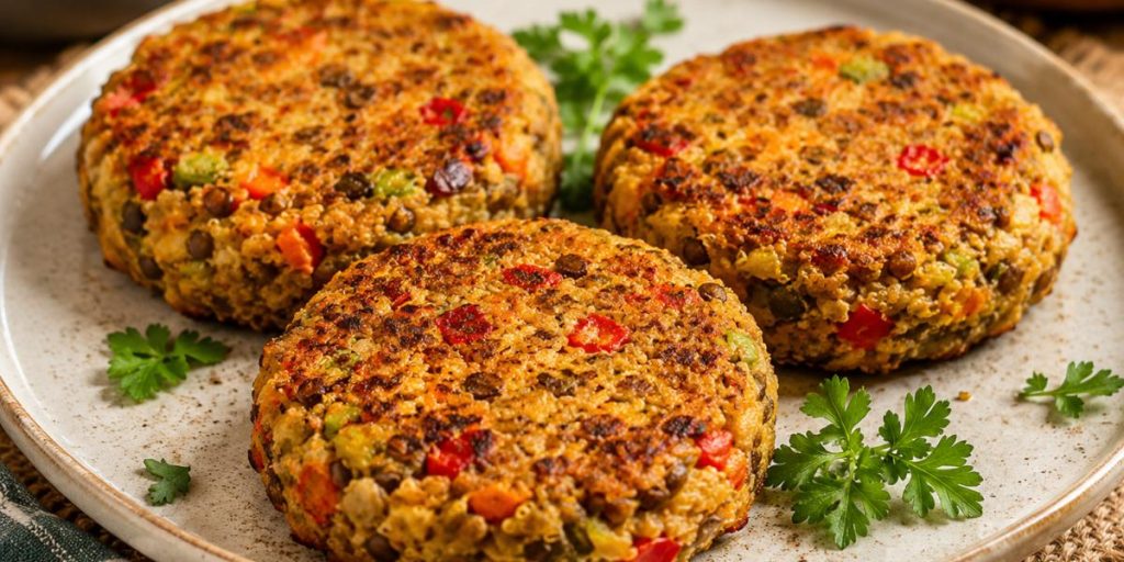 Hamburguesas de lentejas y quinoa con verduras
