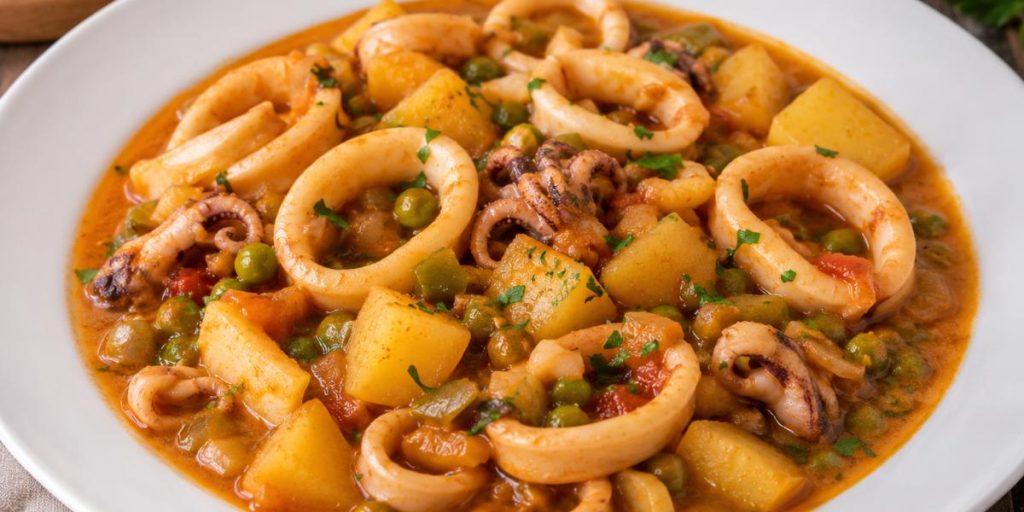 Calamares guisados con patatas y guisantes en salsa tradicional