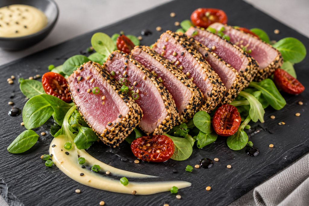 Tataki de atún con sésamo acompañado de canónigos y tomates secos