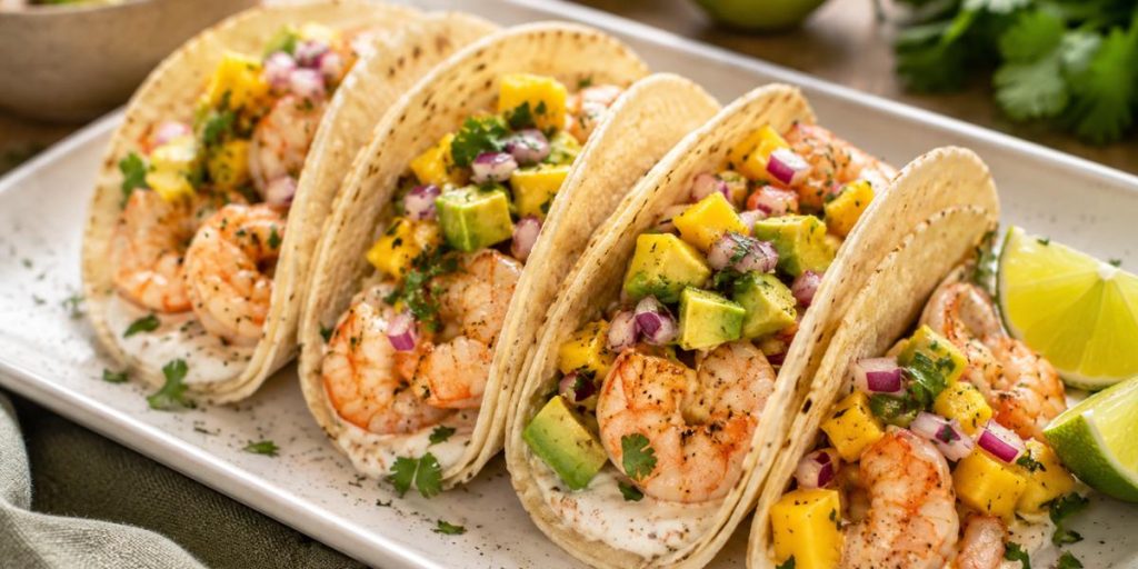 Tacos de langostinos con aguacate, mango y salsa cremosa casera
