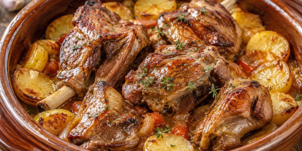 Cordero asado tradicional con patatas y salsa casera recién hecho