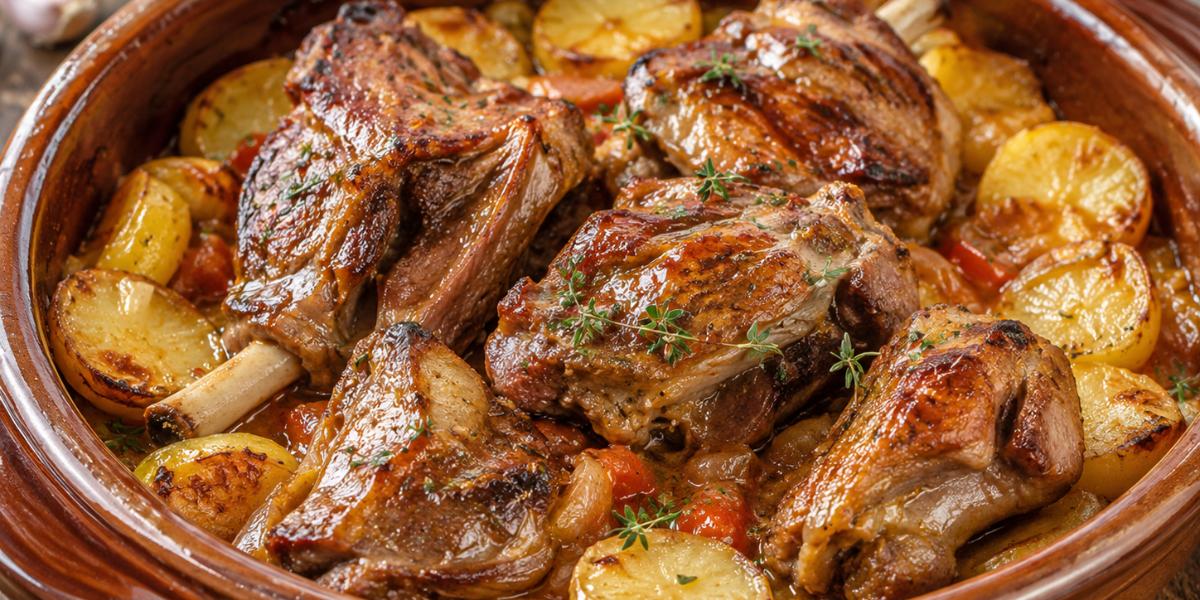 Cordero asado tradicional con patatas y salsa casera recién hecho