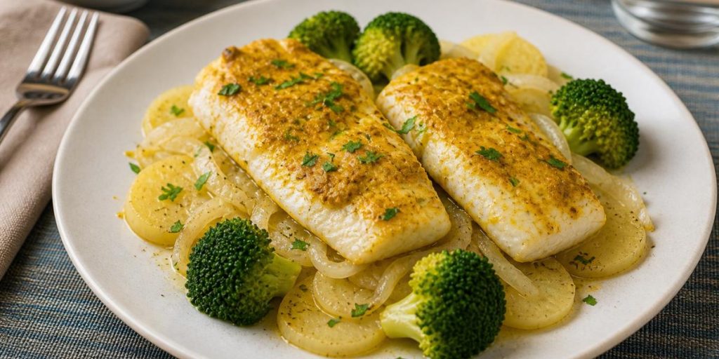Filetes de merluza al horno con patatas, cebolla y brócoli