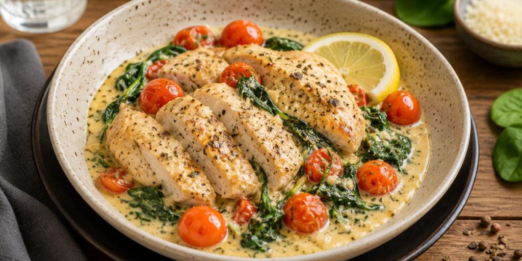 Pollo a la toscana con salsa cremosa, espinacas y tomates cherry