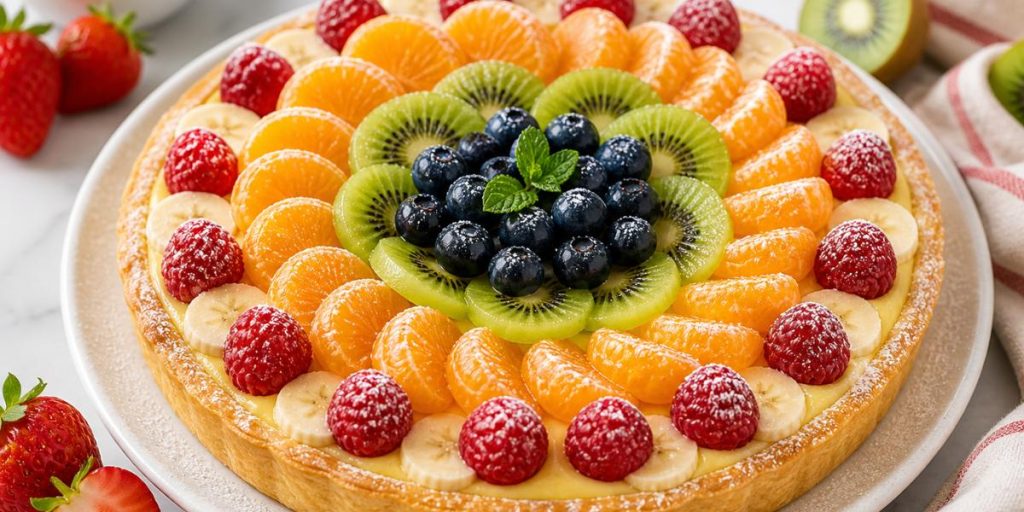Tartaleta de frutas casera con crema y frutas variadas