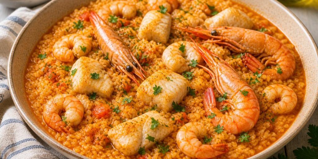 Arroz con rape, gambas y langostinos recién hecho