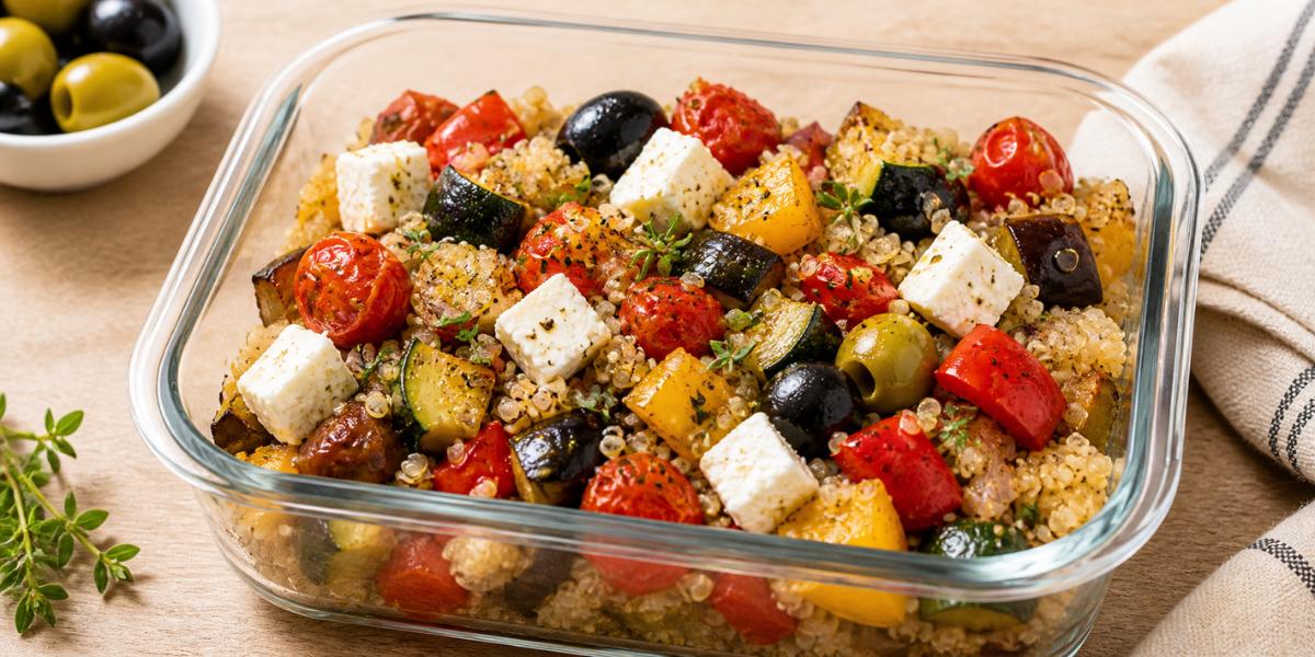Quinoa con verduras asadas, aceitunas y queso feta en tupper