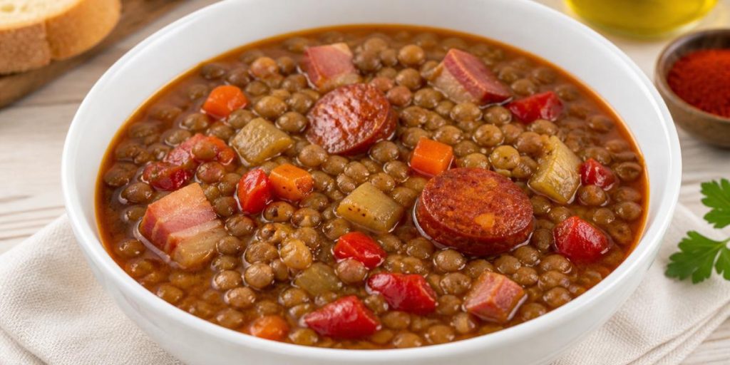 Lentejas con chorizo caseras en plato hondo