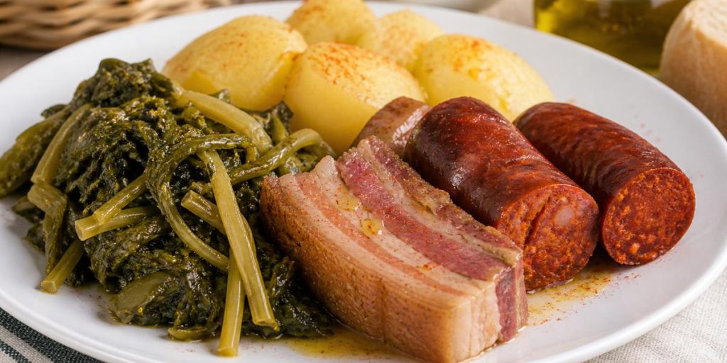 Verduras de cocido gallego con chorizo y panceta en plato