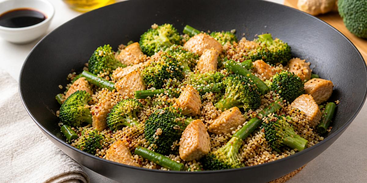Wok de quinoa con brócoli y pollo salteado
