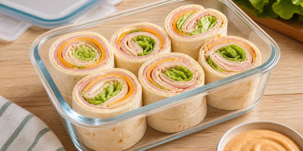 Rollitos de sándwich con jamón queso y lechuga en tupper