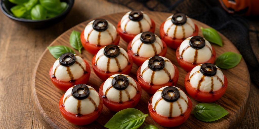Ojos monstruosos de Halloween con tomate mozzarella y aceitunas