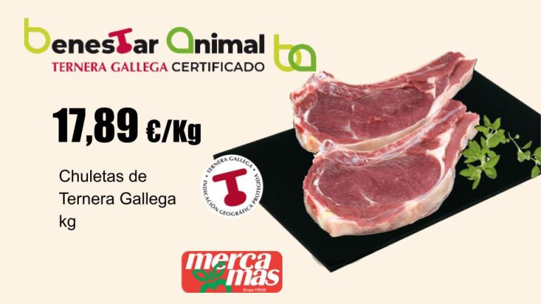Chuletas de ternera gallega en oferta por kilo en carnicería en Salvaterra de Miño