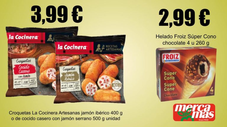 Croquetas artesanas y helado cono chocolate en oferta en Mercamas Casal