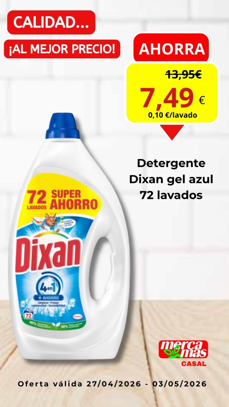 Detergente Dixan gel azul 72 lavados en oferta en supermercado Mercamás Casal