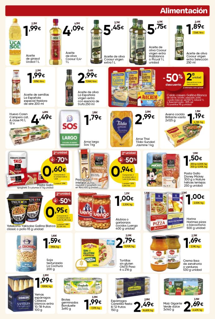 Ofertas de alimentación básica con aceite, arroz, legumbres y productos de cocina en Mercamás Casal