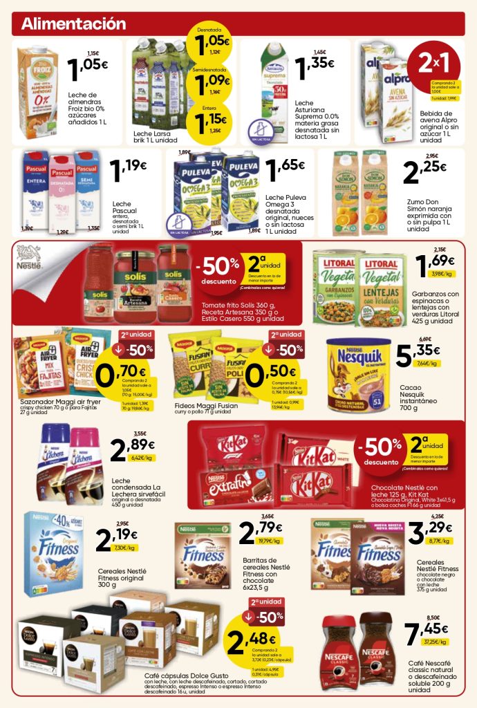 Ofertas de alimentación con leche, café, cereales y productos básicos en Mercamás Casal