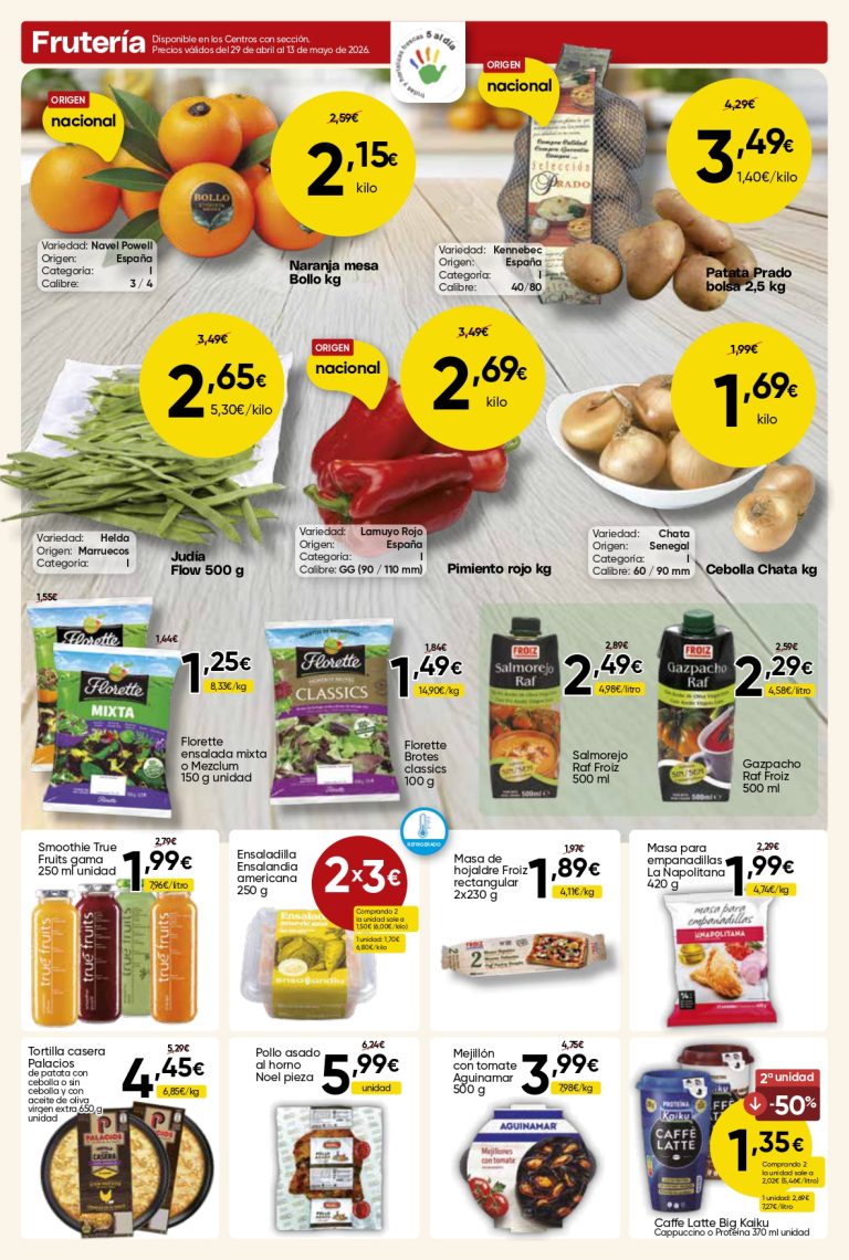 Ofertas de frutería y productos refrigerados con naranjas, pimientos, ensaladas y preparados frescos en Mercamás Casal