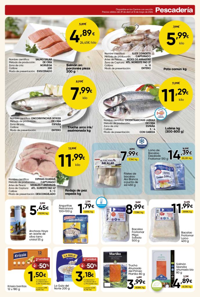 Ofertas de pescadería con salmón, lubina, bacalao y pescado fresco en Mercamás Casal