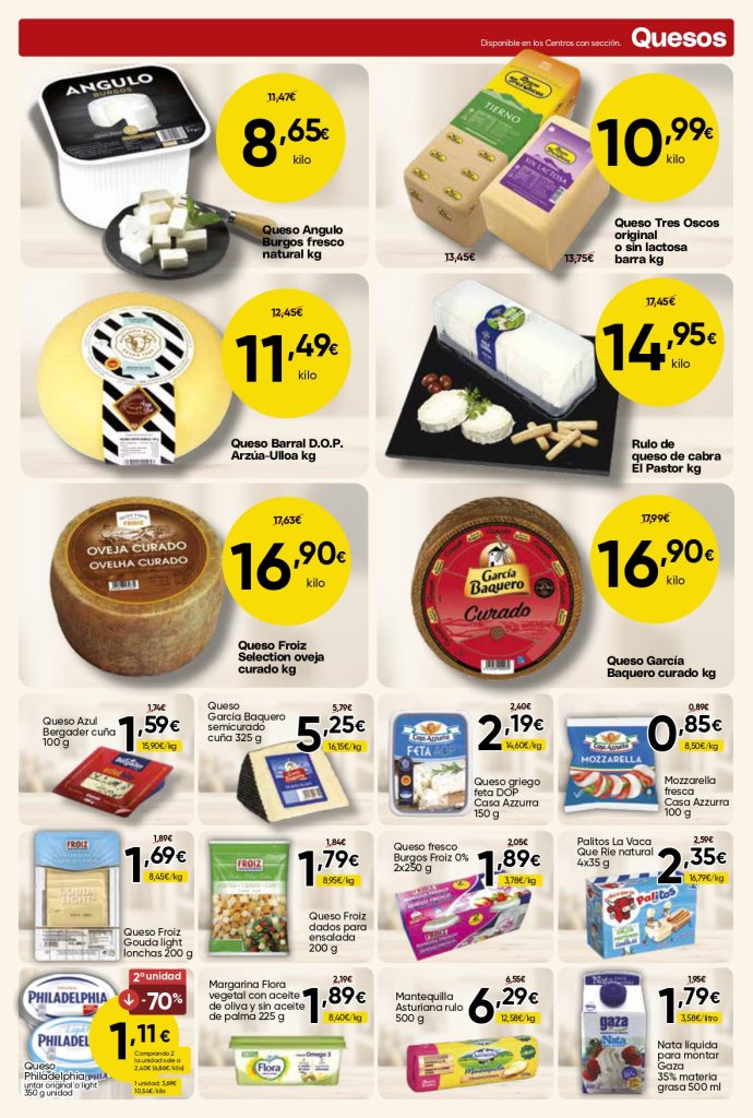 Ofertas de quesos variados con queso curado, fresco y mozzarella en Mercamás Casal