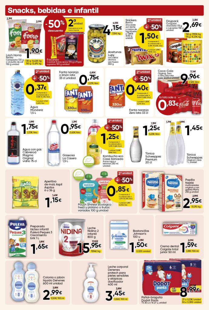 Ofertas de snacks, refrescos y productos infantiles en Mercamás Casal