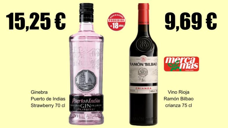 Ginebra Puerto de Indias Strawberry y vino Rioja Ramón Bilbao crianza en oferta en Mercamás Casal