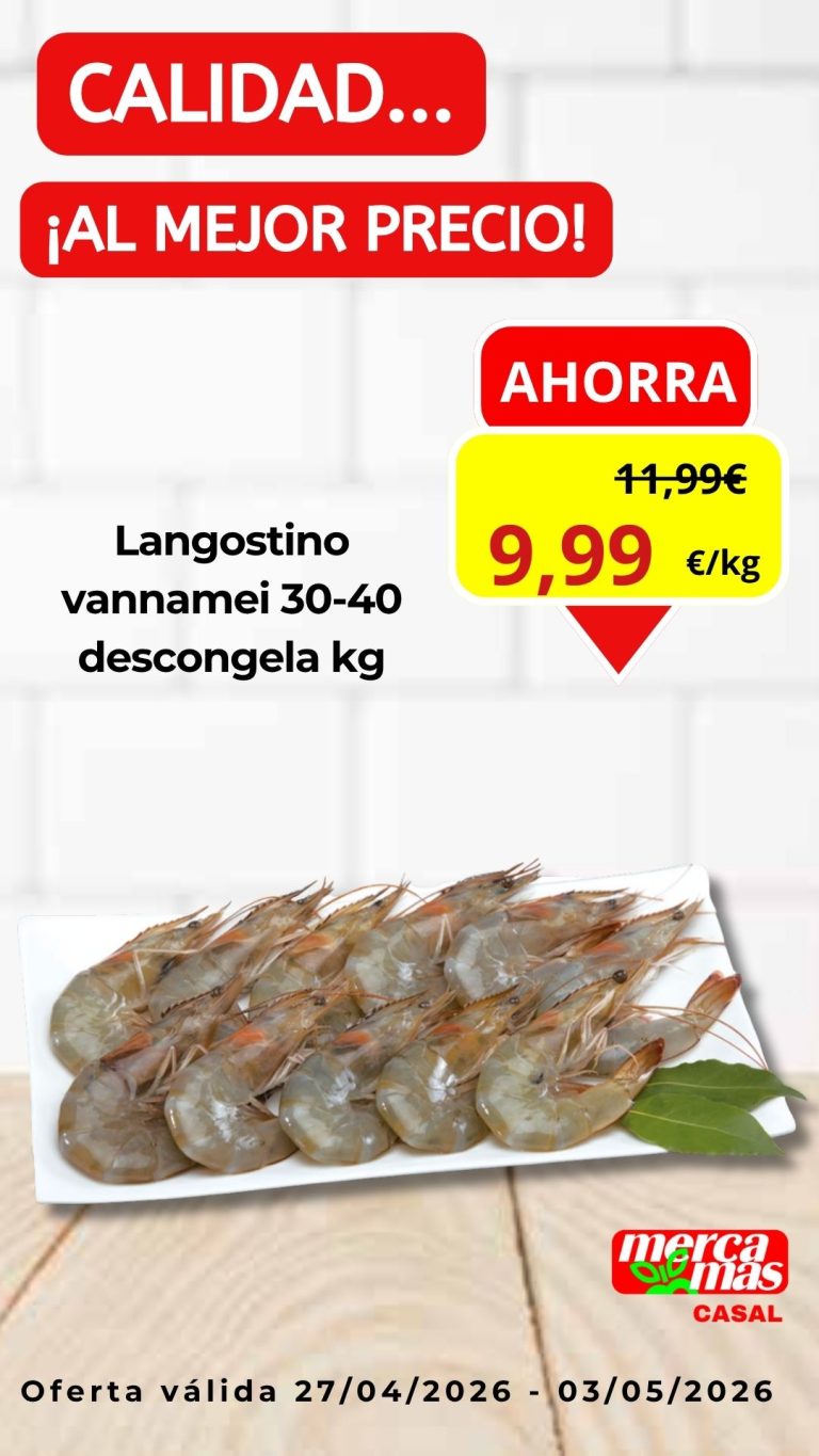 Langostino vannamei 30-40 descongelado en oferta en pescadería Mercamás Casal