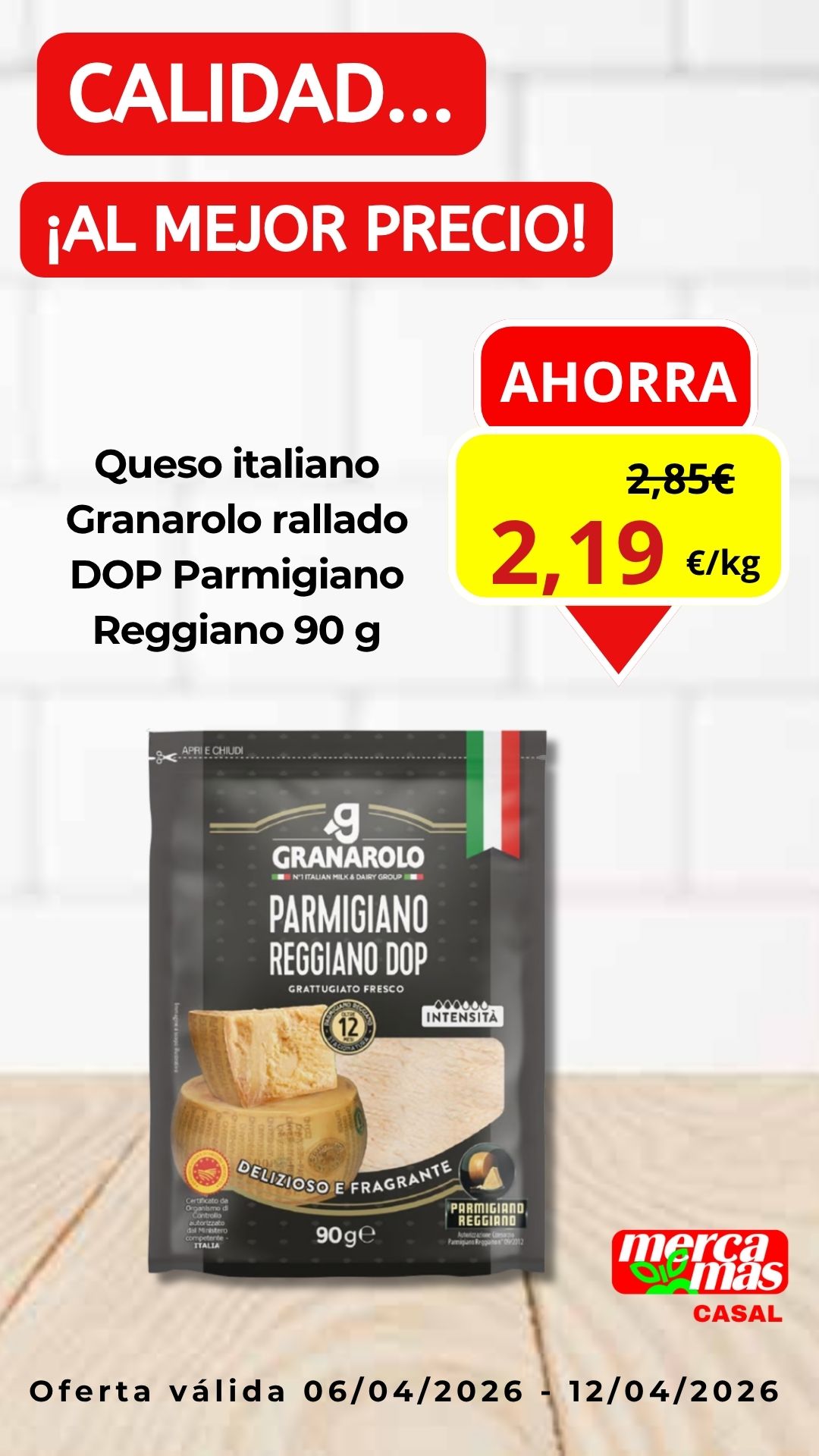 Queso italiano Granarolo Parmigiano Reggiano DOP rallado 90 g en Mercamás Casal en Salvaterra de Miño