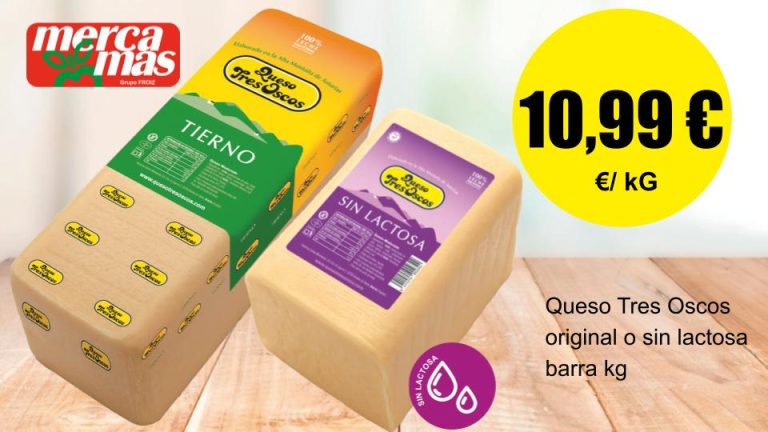 Queso Tres Oscos barra original o sin lactosa en oferta por kilo en Mercamás Casal