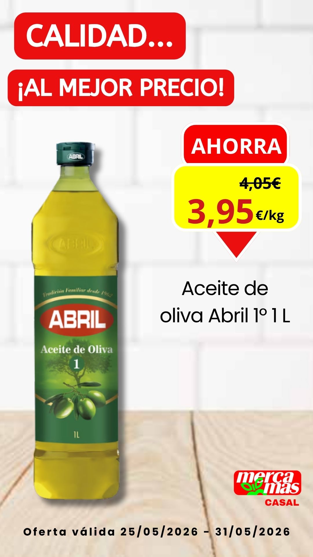 Aceite de oliva Abril 1 litro en oferta en Mercamas Casal del 25 al 31 de mayo de 2026