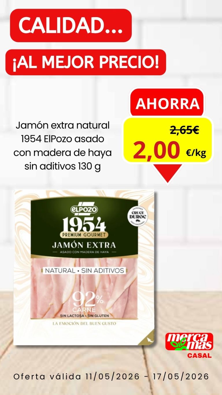 Oferta de jamón extra natural ElPozo 1954 asado con madera de haya en Mercamas Casal del 11 al 17 de mayo de 2026