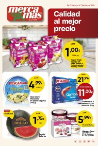 Portada del folleto de ofertas de Mercamas Casal con yogures Froiz, atún Pescamar, gambón Pescanova, sandía Bollo y helados Häagen-Dazs. Promociones del 19 de junio al 7 de julio de 2026.