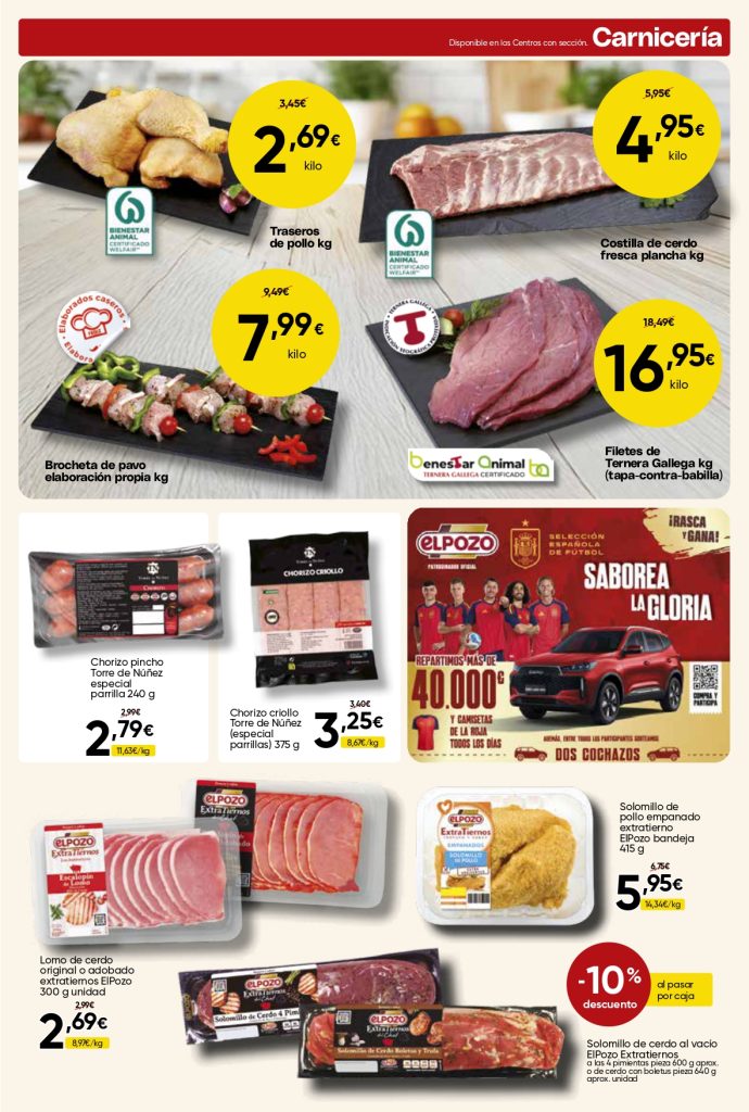 Ofertas de carnicería en Mercamas Casal con traseros de pollo, costilla de cerdo fresca, brochetas de pavo de elaboración propia, filetes de ternera gallega, chorizos, lomo, solomillos y productos ElPozo. Promociones válidas del 19 de junio al 7 de julio de 2026.