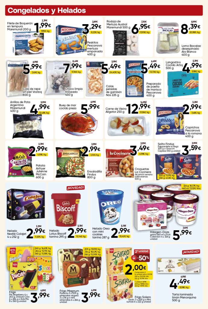 Ofertas de congelados y helados en Mercamas Casal con pescado, marisco, croquetas, ensaladilla, platos preparados, patatas, helados Magnum, Häagen-Dazs, Oreo, Lotus Biscoff, Solero y tarta de limón. Promociones válidas del 19 de junio al 7 de julio de 2026.