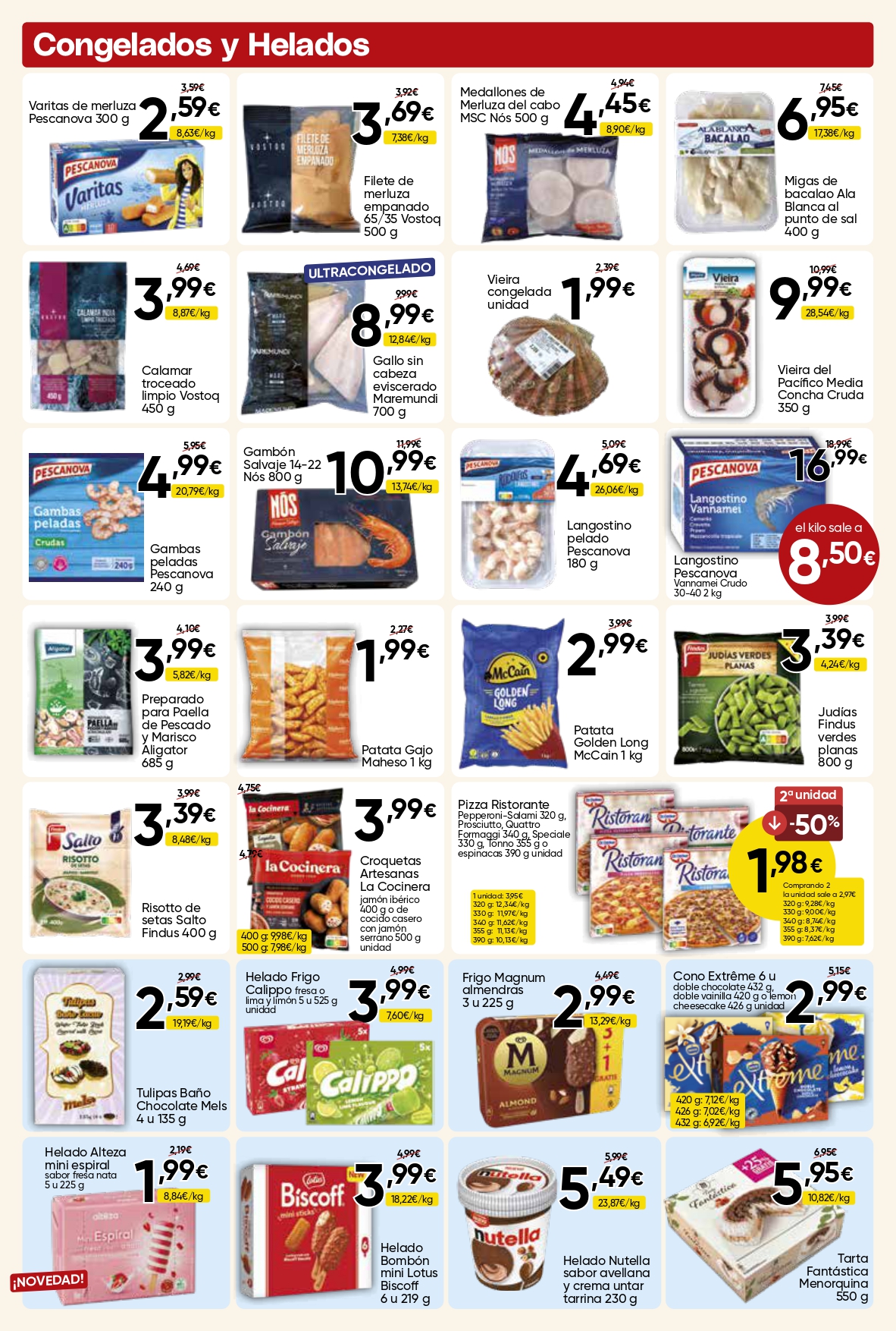 Ofertas de congelados y helados junio 2026 en Mercamás Casal con pizzas, merluza y Magnum
